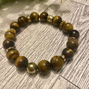 Brown Tiger Eye 10mm Gemstone bracelet with gold accents, stretch, handmade